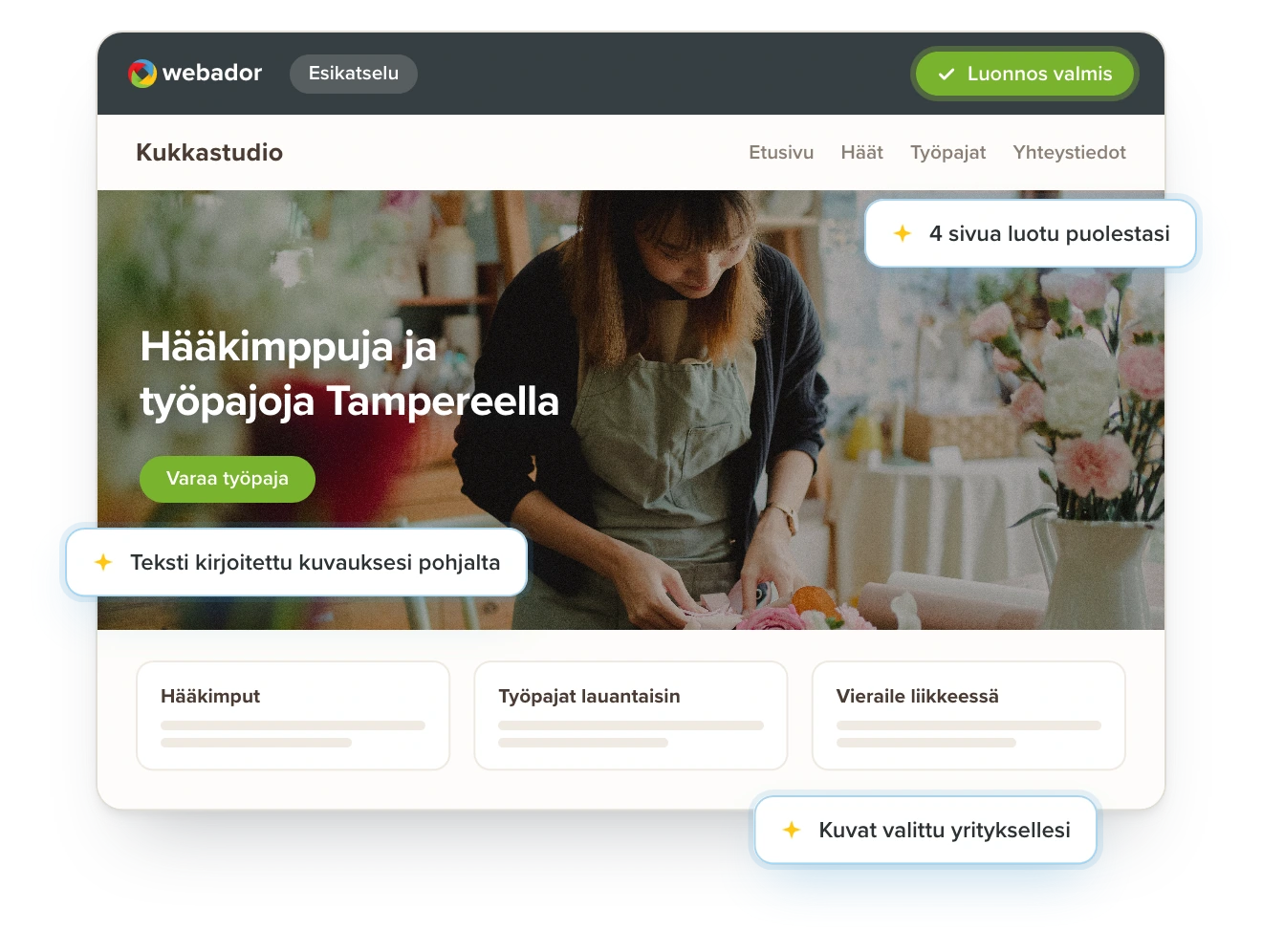 Esikatselu tekoälyn luonnostelemasta verkkosivustosta, jossa on kuvauksen perusteella luodut sivut, tekstit ja kuvat